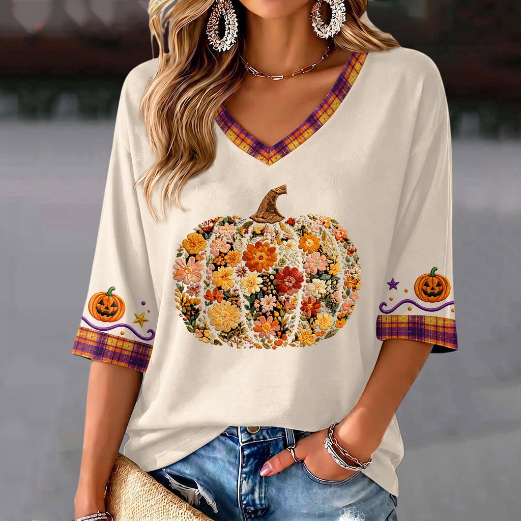 Women's V-Neck Halloween Print Lightweight Top for Spring and Summer
