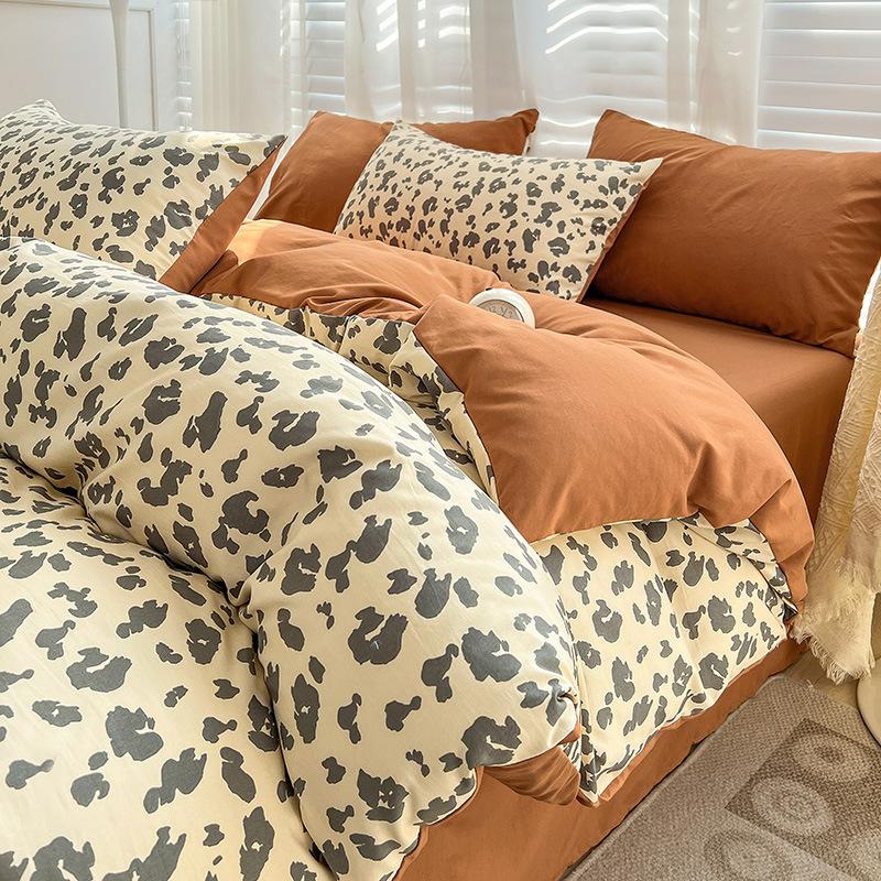 Washed Cotton 4Pcs Set, Double-Layer Yarn Quilt Cover, Dormitory Bed Sheet Three-Piece Set, Household Bedding