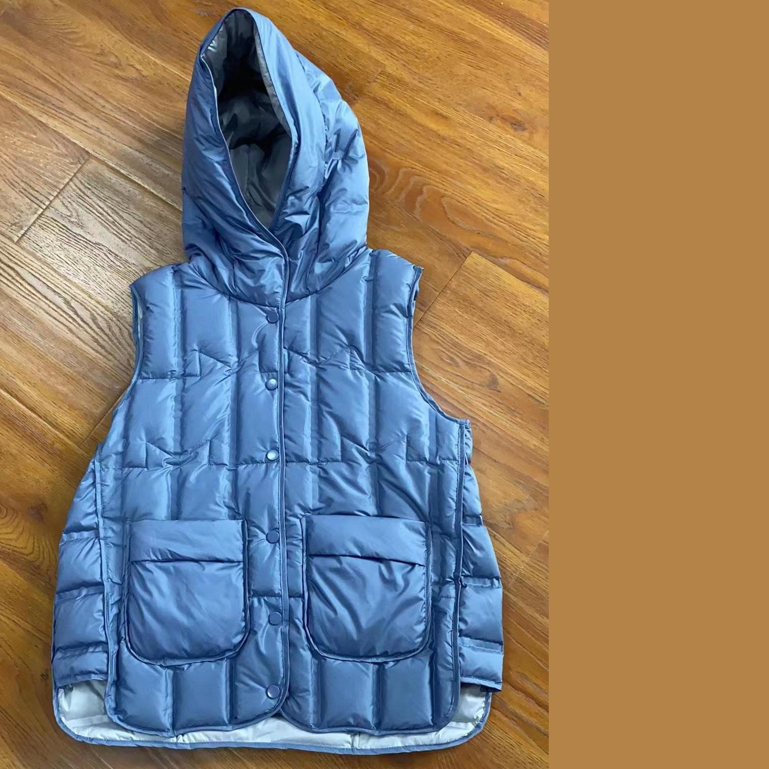 

Женский жилет без рукавов с капюшоном, легкий бесшовный белый пуховик с утиным пером, короткий жилет 3XL синий