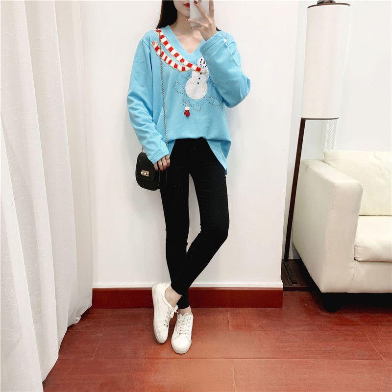 

Sunshine House Autumn and Winter Clothing Export Fashion Heavy Embroidery Beaded Christmas Knitwear Plus Size Women s Clothing Long Sleeves Light Blue 1X: Bust size 124
