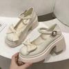 Fashion Classic Round-Toe Mary Jane Pumps French Style Butterfly Knot with Pearl Embellishments and Thick Sole Solid Colors Versatile