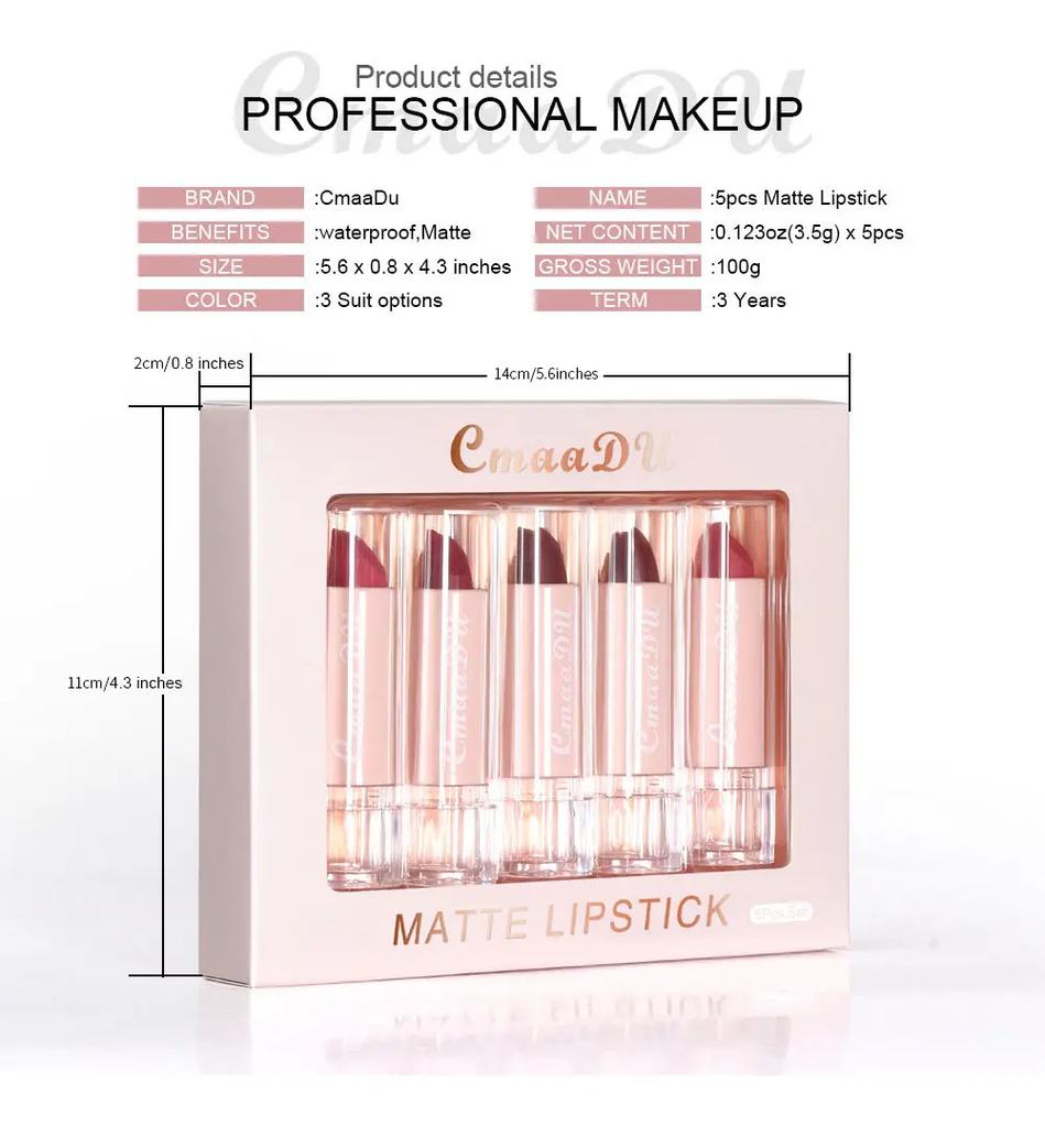 Set of 5 Cmaadu Moisturizing Matte Lipsticks, Easy to Apply