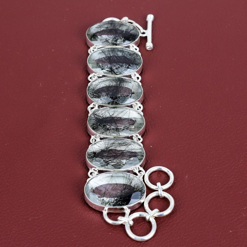 Faceted black rutile bracelet genuine gemstone bracelet handmade jewelry 925 sterling silver bracelet adjustable chain bracelet gift for mom