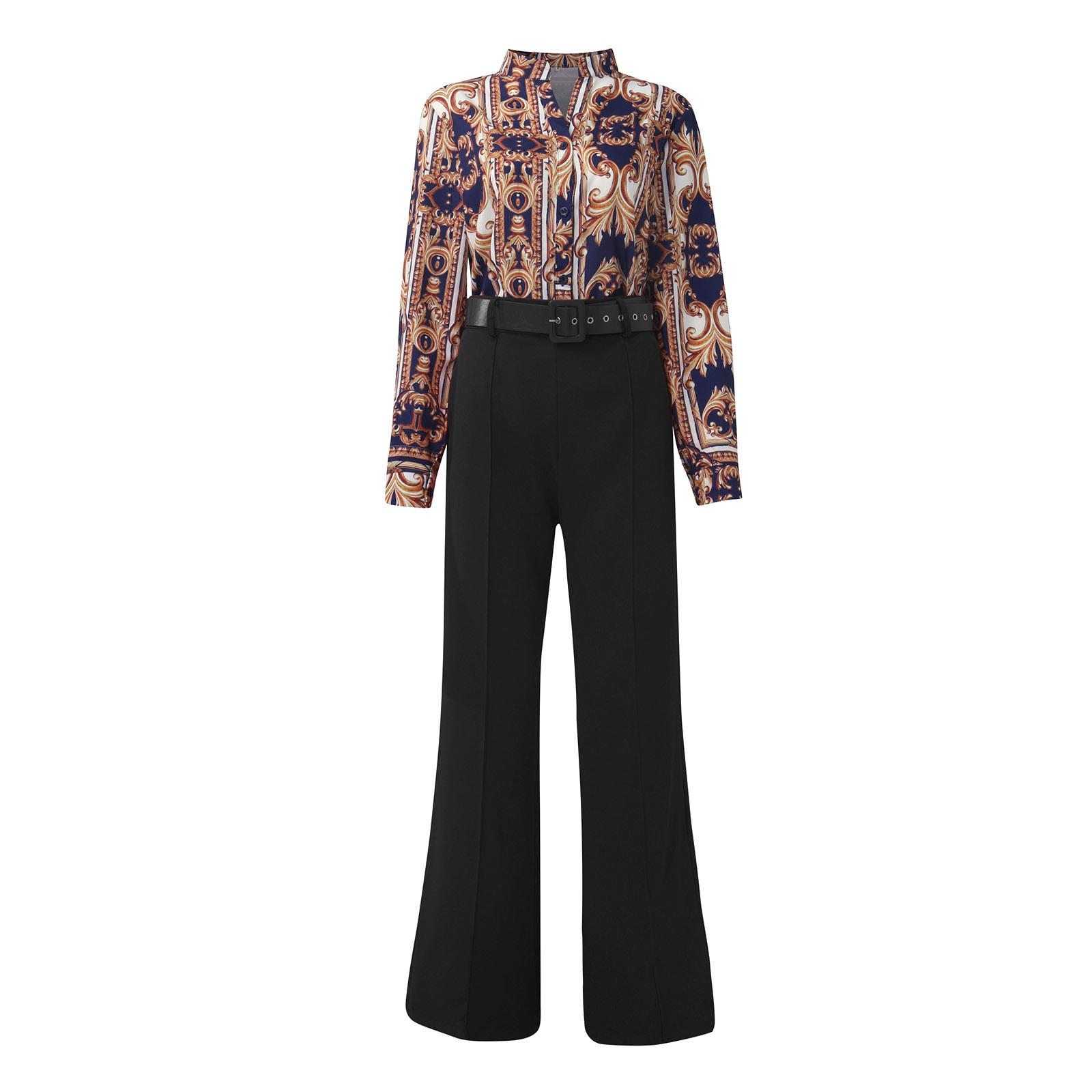 

YYFS Жіночі модні повсякденні брючні костюми з поясом і квітковим візерунком з довгими рукавами XXL кавовий