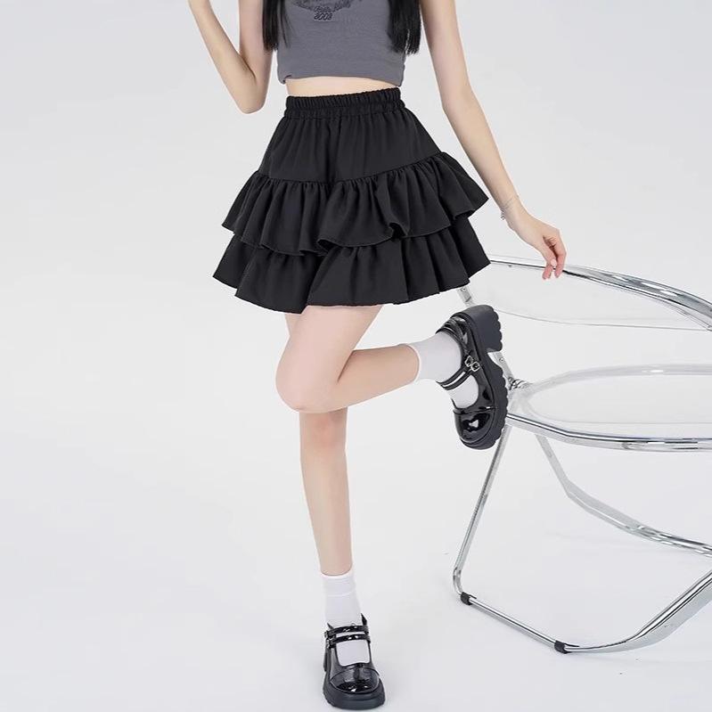 Spring 2025 Women's Black High Waist A-Line Puffy Half Umbrella Skirt