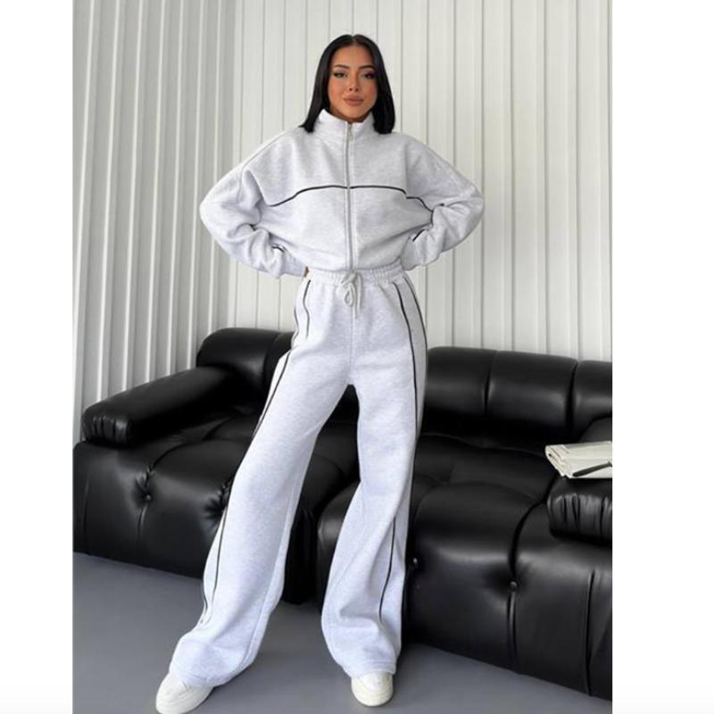 Women's 2-Piece Casual Sports Suit: Long-Sleeve Half-Turtleneck Cardigan Sweater + Lace-Up Striped Pants
