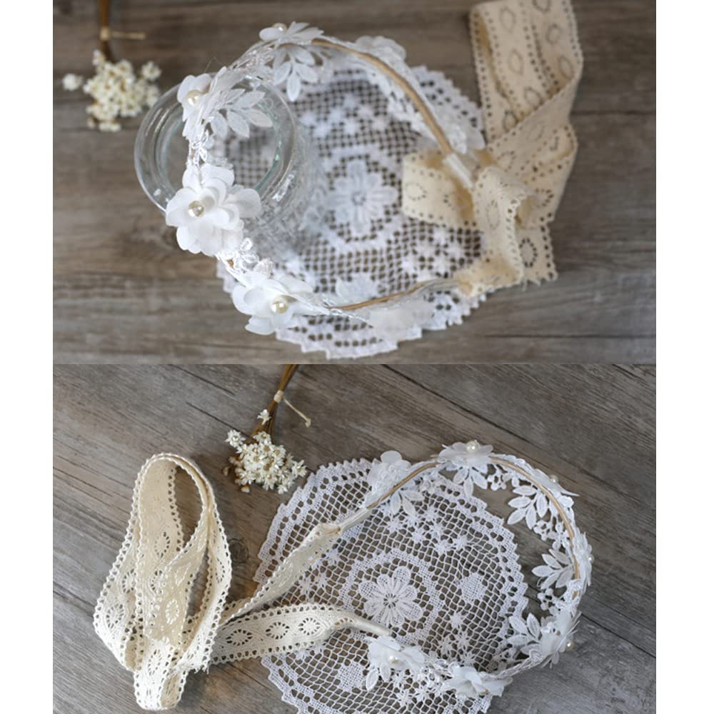 DFsucces Pearl Flower Headband, Headband, Flower Crown, Lace Hair Accessory, Stylish, Formal, Dance Costume (White)