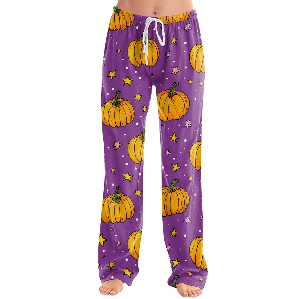 Damen Loungehose mit Kordelzug und Halloween-Print, lässig, volle Länge, entspannte Passform, Schlafanzughose für den Alltag