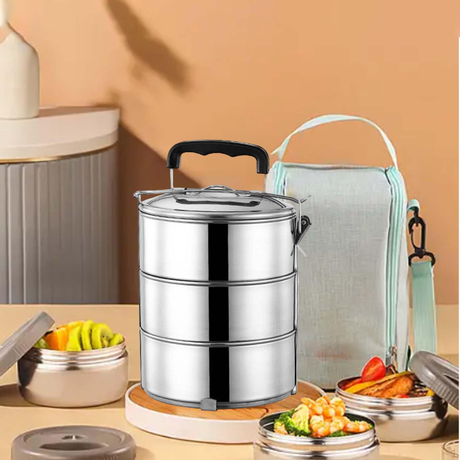Adult Lunch Box Stackable with Handle, Microwave Stainless Steel Bento Container, 3 layer