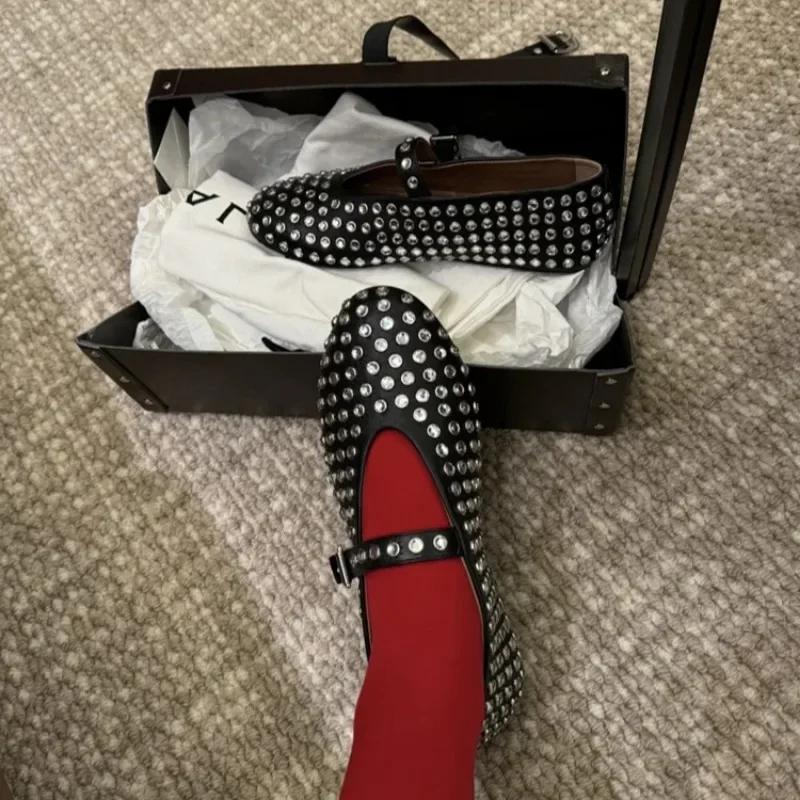 Sheepskin version of high sense ~ new leather rhinestone rivets Mary Jane shoes women's shoes flat ballet shoes
