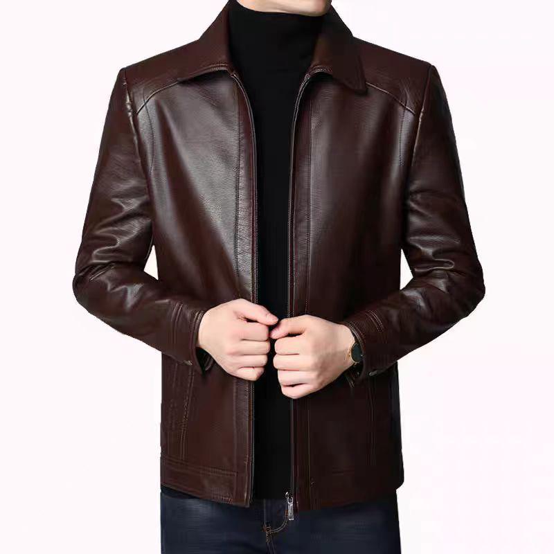 Men's Leather Jacket for Mid-Aged & Elderly: Fleece-Lined, Thickened, Windproof, Detachable Fur Collar, Winter Warmth for Dad.