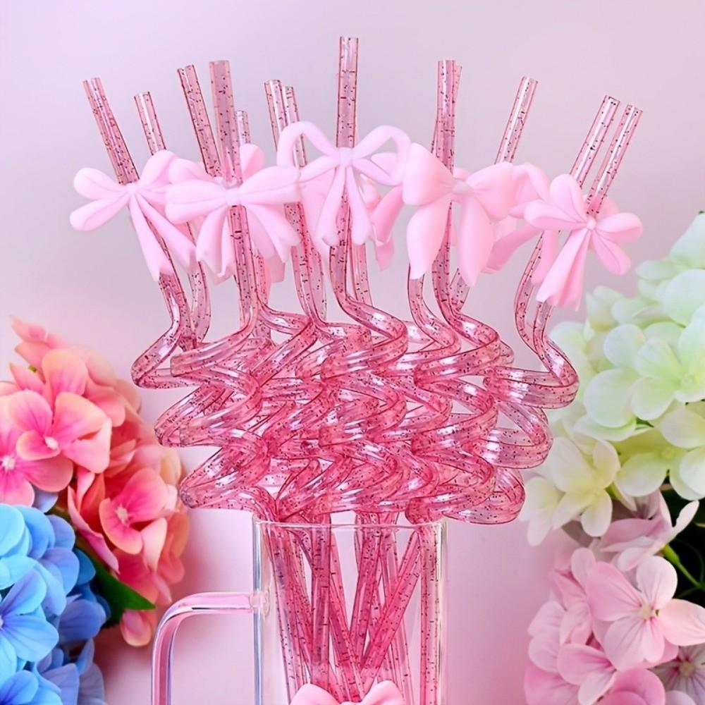 8pcs Shimmer Effect Pink Bow Straws Durable Material Sparkle Straws  Themed Events