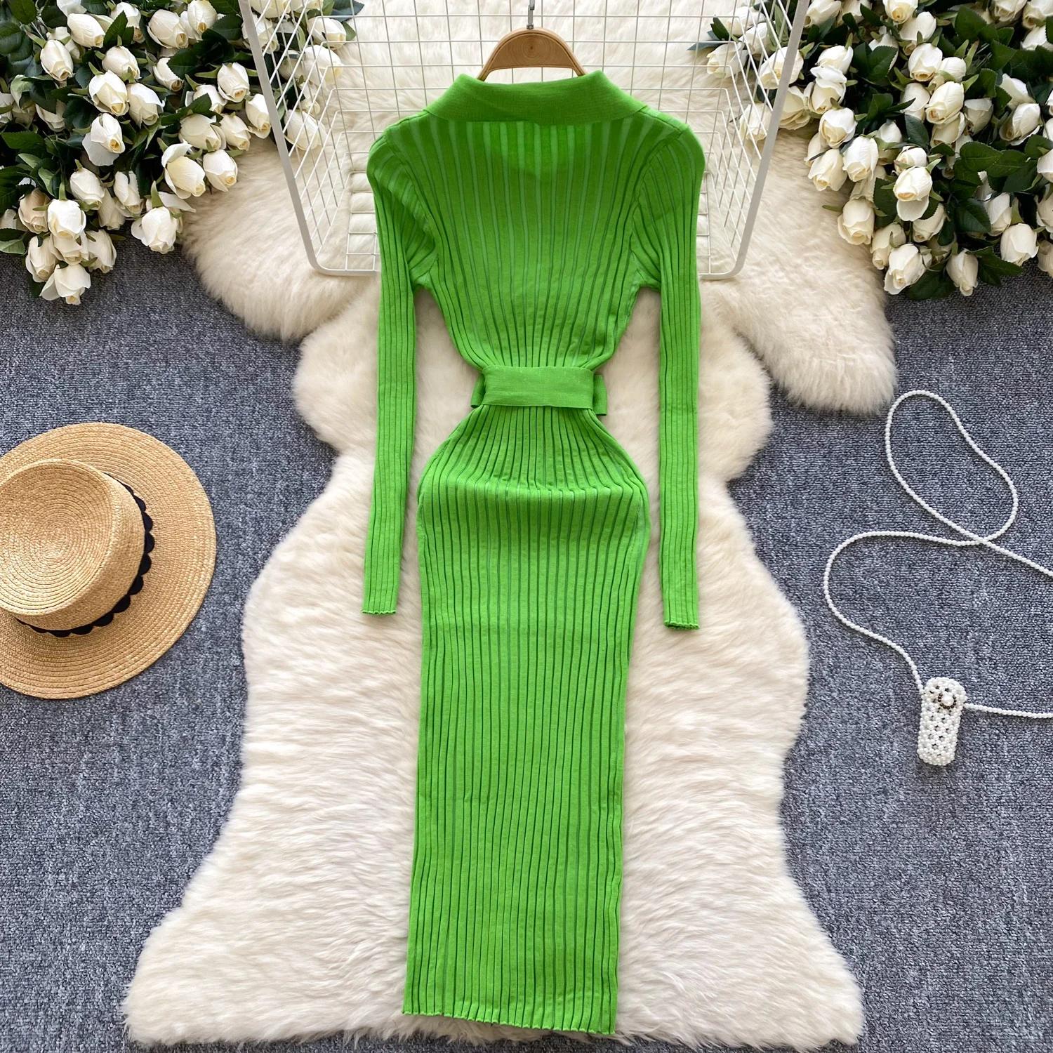 Винтажное отложной воротник элегантное длинное рукав однобортное бандажное трикотажное — фото 3