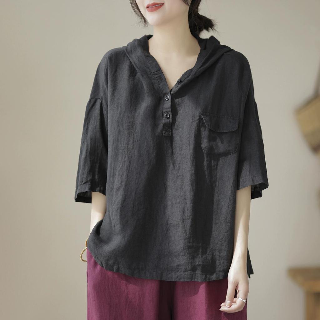 Kurzärmeliges T-Shirt, Baumwolle und Leinen Damenbluse, Kapuzenpullover, Lockeres und schlichtes Damen-T-Shirt
