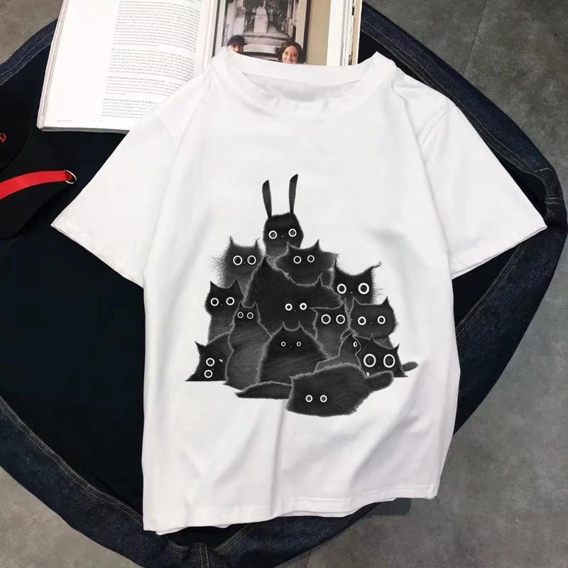 Kawaii T Shirts Women Cat New Tops Female Tshirt Loose Tshirt Summer Tee White Tshirts Round Neck Oversized T Shirt