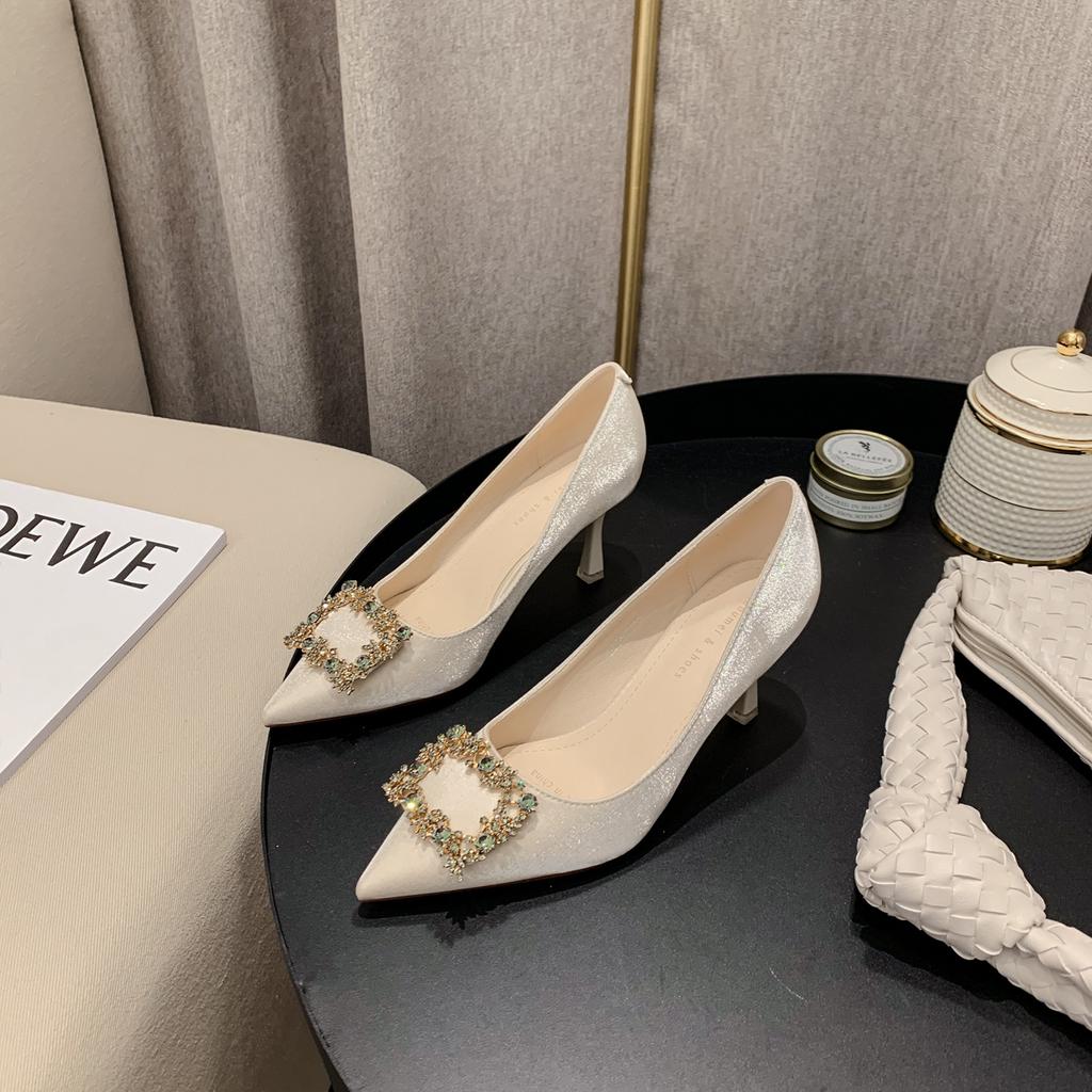 775-9 Rhinestone Square Buckle Xiuhe Shoes Bridesmaid Bride Red Wedding Shoes Women's Pointed Thin Heel Banquet High Heels 7CM