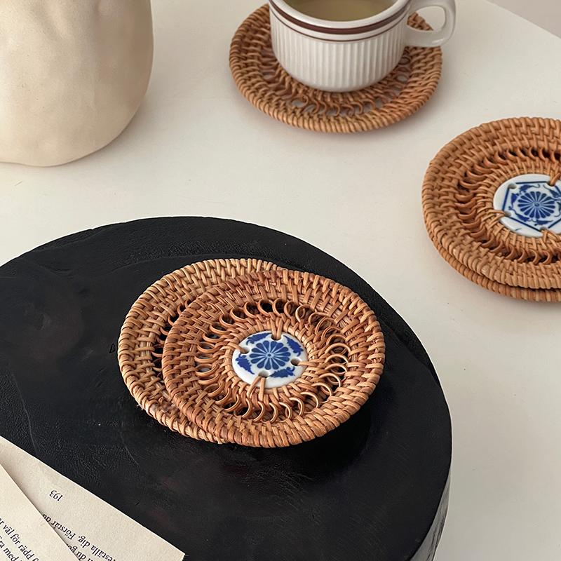 Rattan Coaster Creative Placemat Handmade Table Mat Heat Insulating Tablemat Tea Coffee Cup Pad Non-Slip Mat Round Coasters