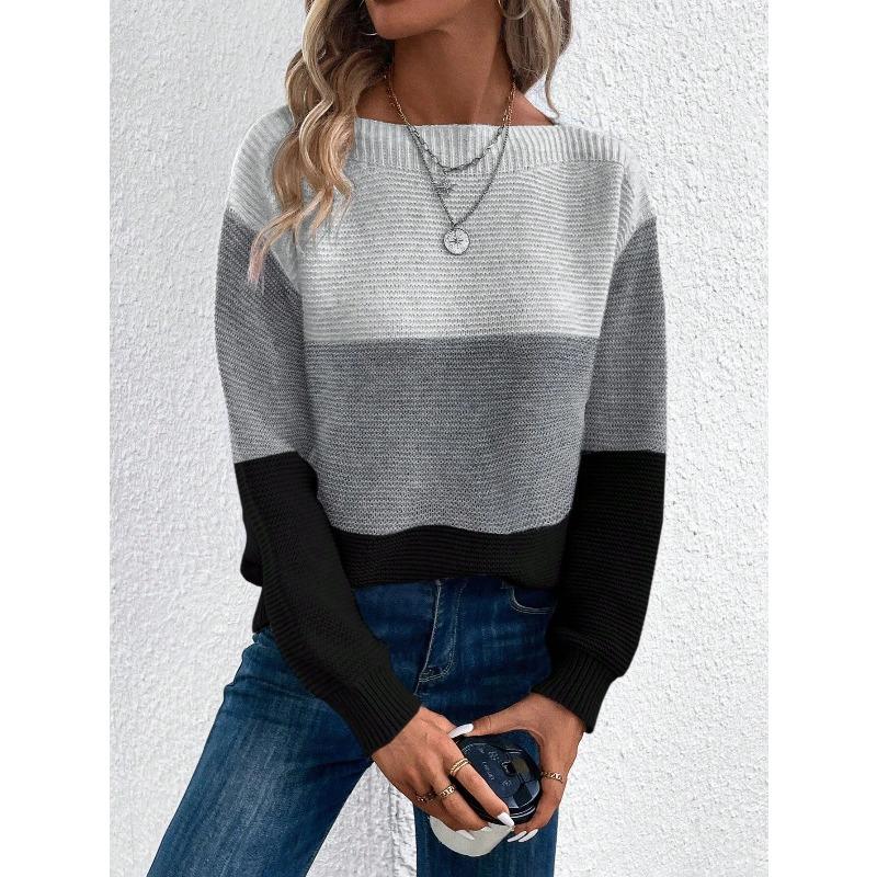 Autumn Winter Pullovers Loose Drop Shoulder Round Neck Color Matching Knitted Pullovers & Long Sleeves Ladies Sweater
