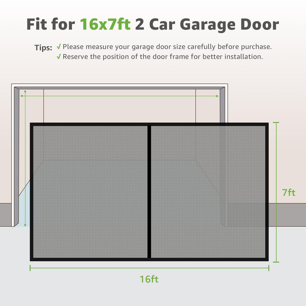 Garage Screen Doors for 2-Car Garage Fiberglass Heavy Duty Magnetic Door Screen Hands-Free with 6 Roll Up Straps for Outdoor