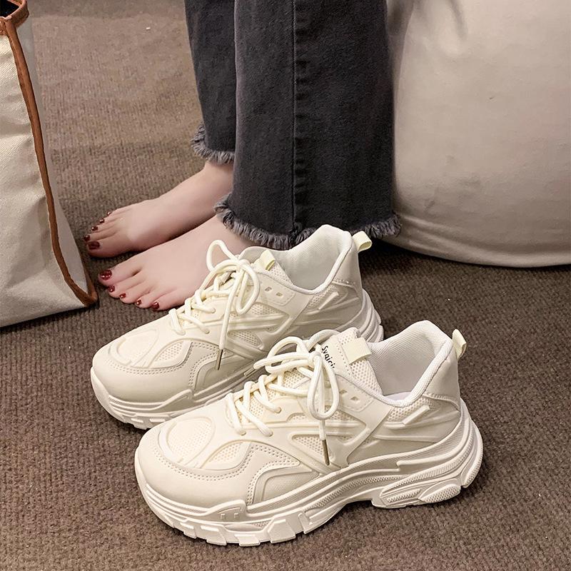 Women's Korean-Style 2025 Summer Dad Sneakers: Breathable Mesh, Thick Sole, Versatile White Running Shoes