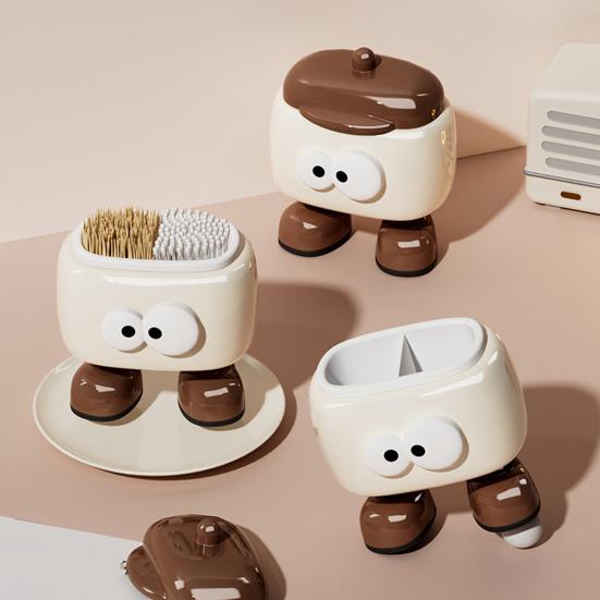 Toothpick Dispenser Pen Holder Cartoon Design Multifunction 2 Grids Covered Tooth Pick Holder Desktop Storage Box