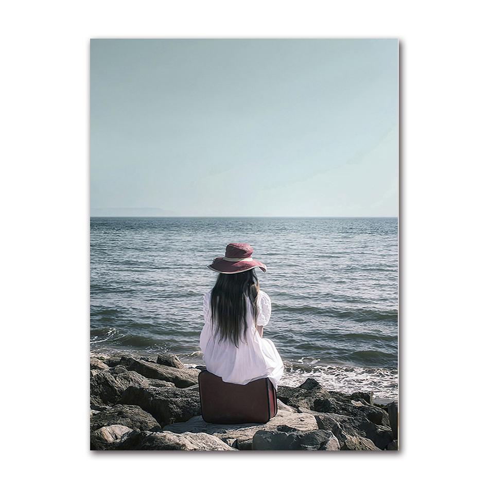 Dekorationsbild, skandinavisches Heimdekor, Ozeanlandschaft, Leinwand, nordischer Stil, Strand, rosa Bus, Wandkunstdruck, Gemälde