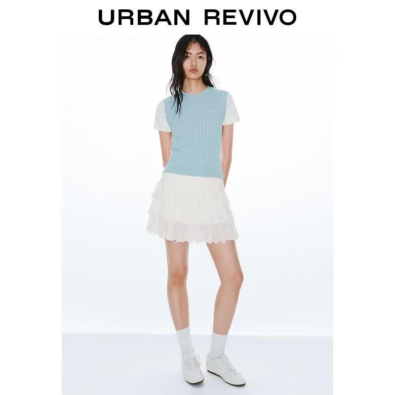 UR2026 Women s Color-Block Faux Two-Piece Cable Knit Sweater XL
