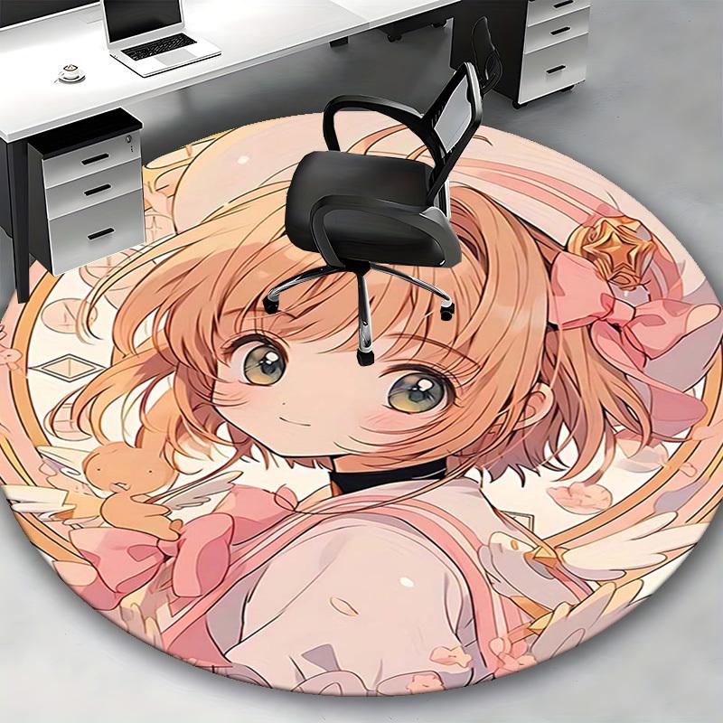 1pc Anime Design Round Carpet Office Chair Mat with Cute Girl and Flowers, Home Decor, Gaming Room