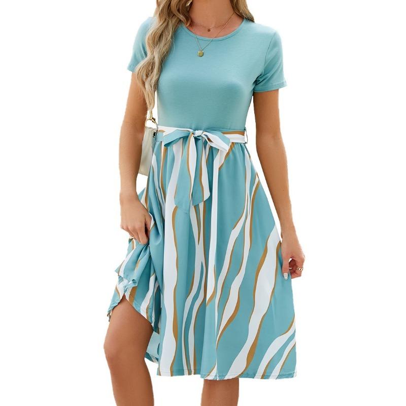 

Полосатое платье с завязками на талии, универсальное платье с короткими рукавами на весну и лето, женская одежда XL светло-зеленый