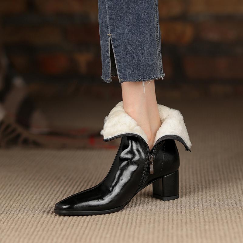 Women Winter Ankle Boots Natural Leather Cowhide Wool Full Leather Side Zip Modern Boots Warm Boots