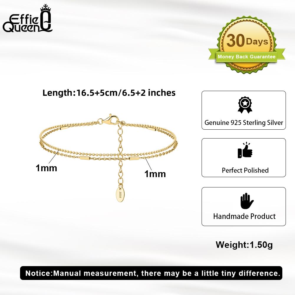 EFFIE QUEEN 925 Sterling Silver Women Layered Chain Bracelet 1MM Ball Beads Link Stackable 2 Layers Bracelet Gift Jewelry SB219