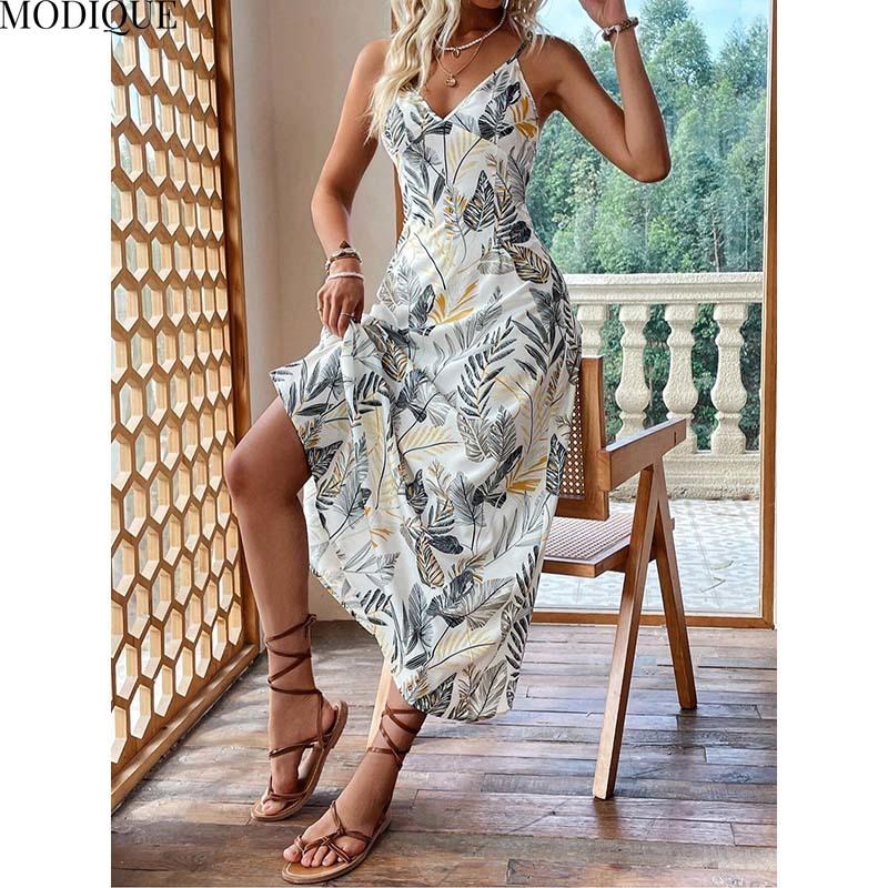 MODIQUE 2025 Summer Plus Size New Women's Sexy Casual Floral Printing Slip Long Dress Ladies H-Line Hot Sleeveless Dress
