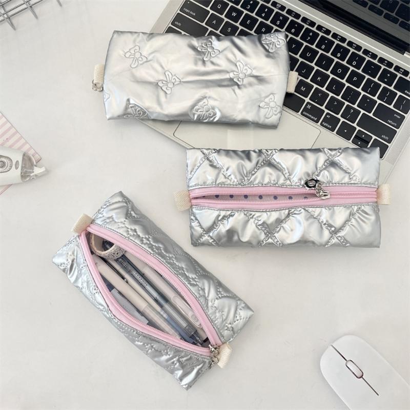 High Capacity Pen Bag Bowknot Print Pencil Case Metallic Color PU Pen Pouches Portable Pen Organizers Travel Makeup Bag