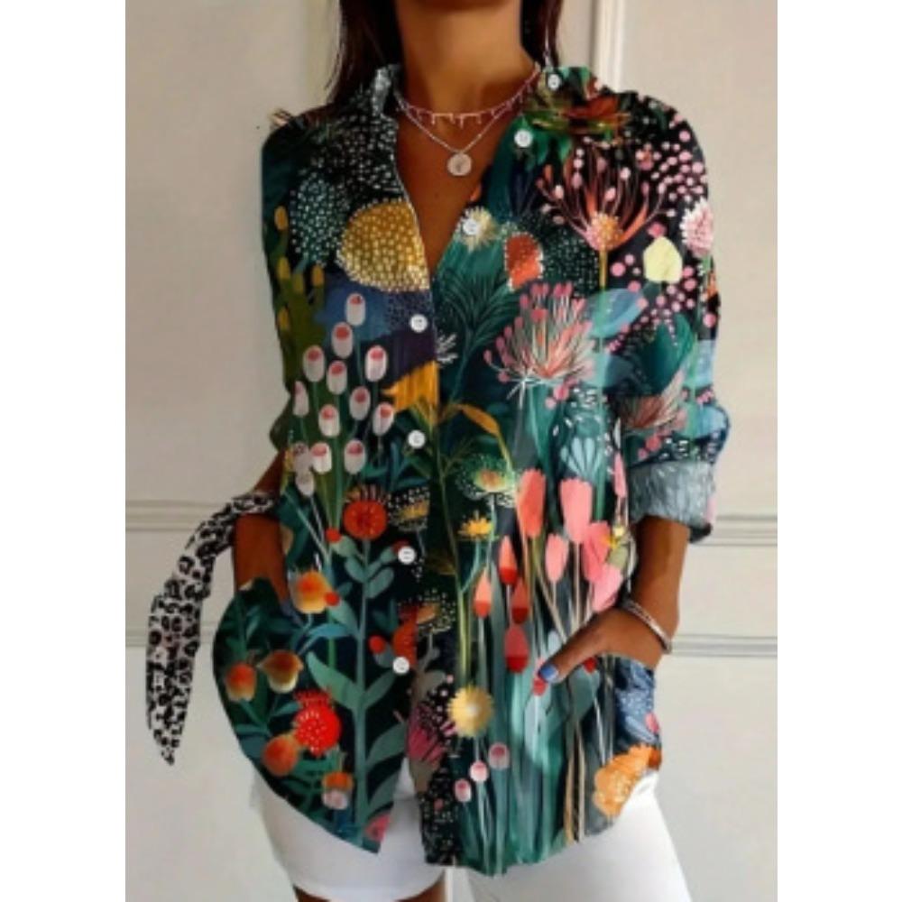 Plus Size Women Long Sleeve Button Shirt Solid Floral Casual Comfort Blouse