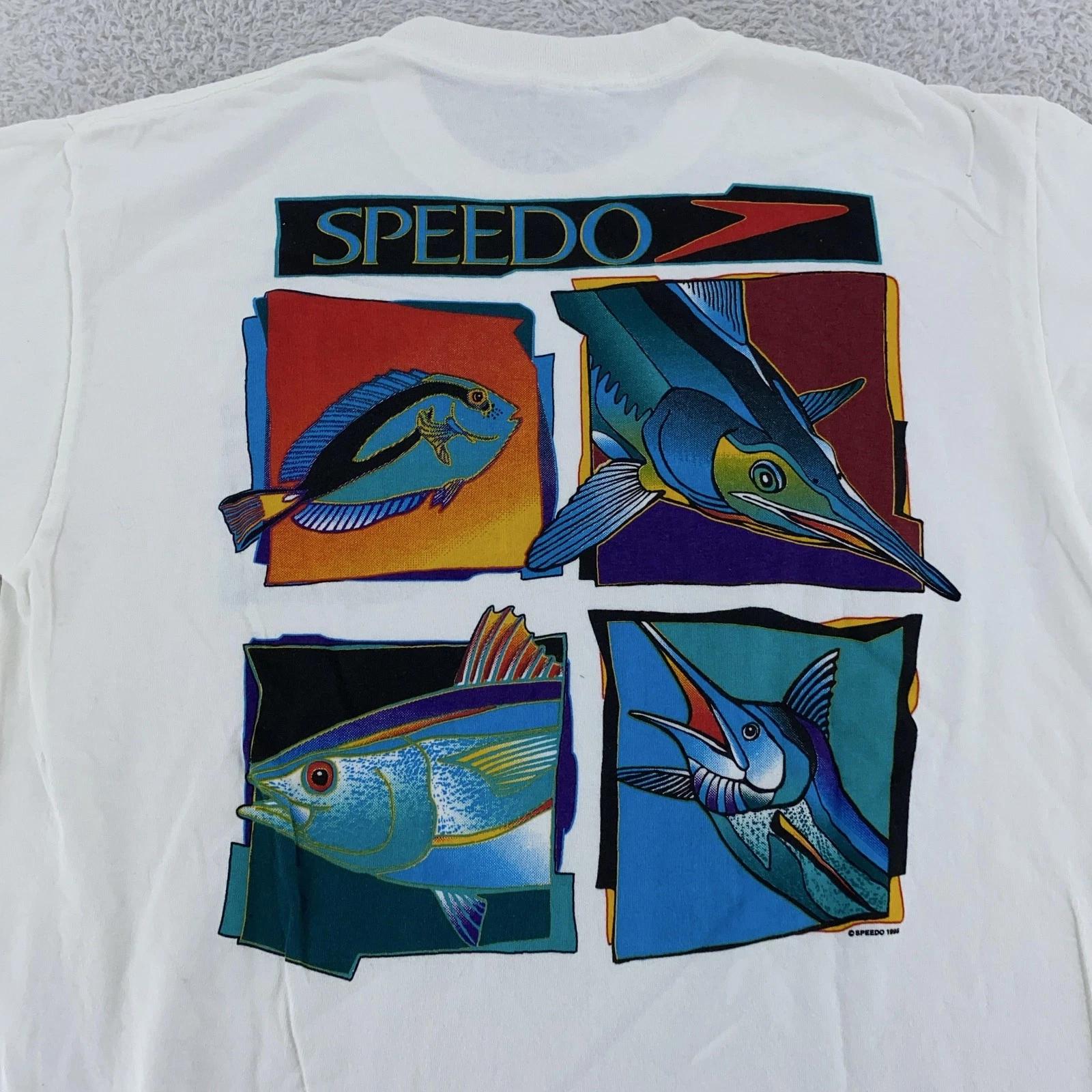 

Vintage Speedo Shirt Mens M/L Fish Graphic Ocean Surf Swim Beach Tee USA 90s 2XL