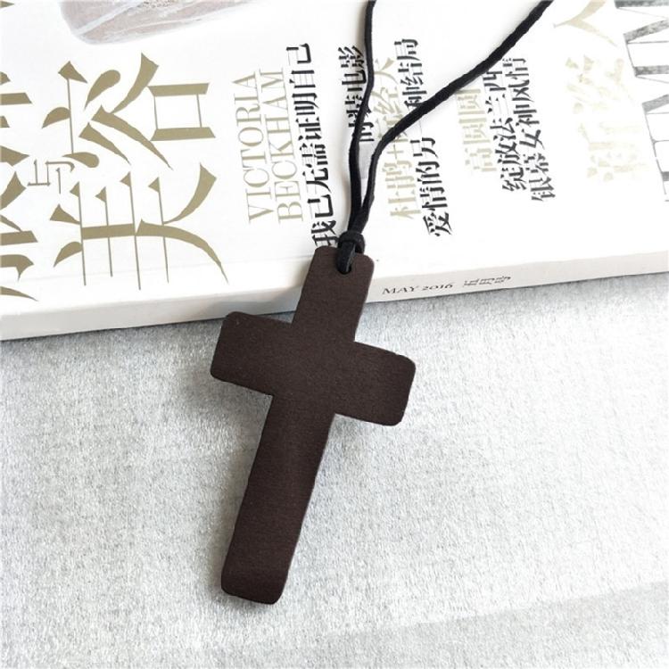 Vintage Wooden for Cross Pendant Brown/Black Rope Necklace Adjustable for Men Wo
