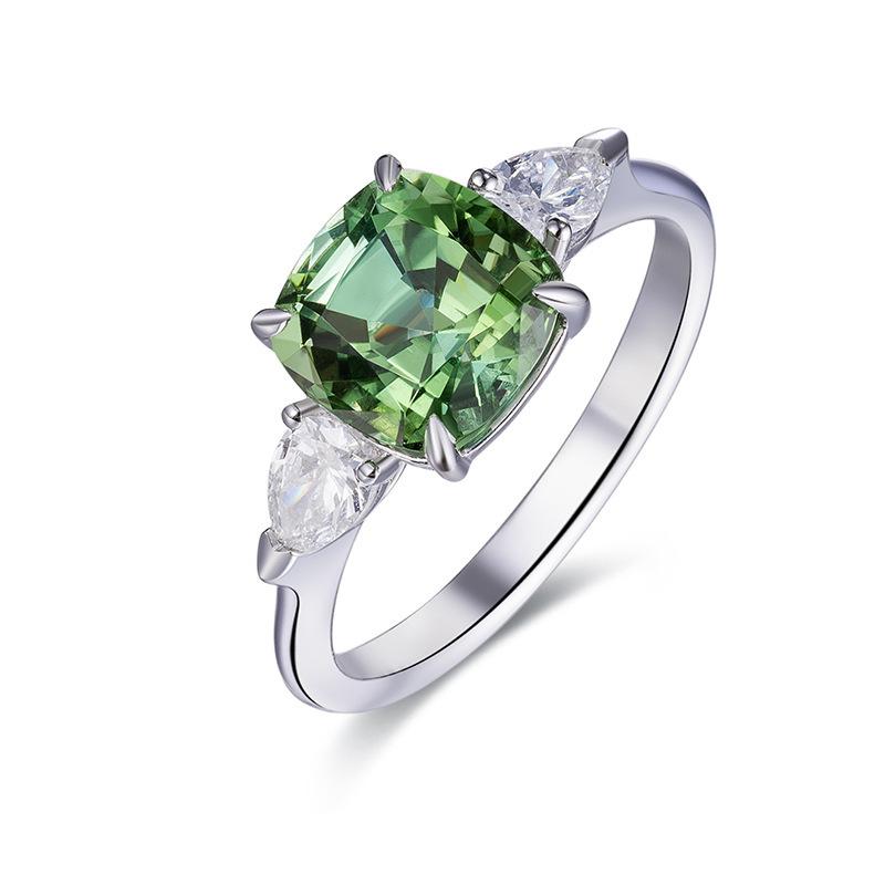 Imitation Natural Green Tourmaline Square Diamond Ring, Temperament Apple Green Daily Beauty Treasure Open Ring