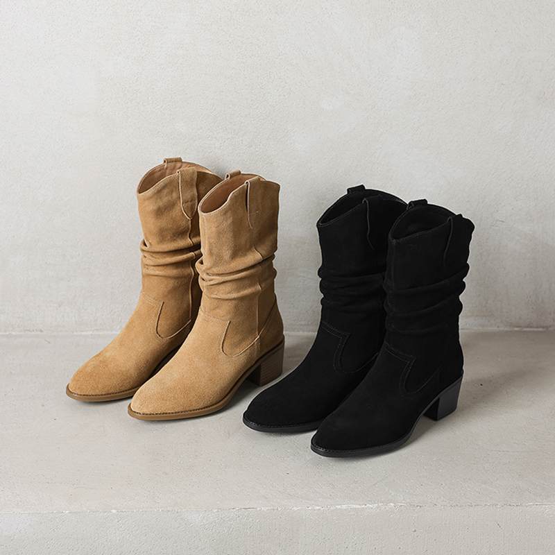 Krazing Pot Cow Suede Nubuck Winter Round Toe Modern Boots Med Heels Slip On Pleated Decoration Women Mid-calf Boots