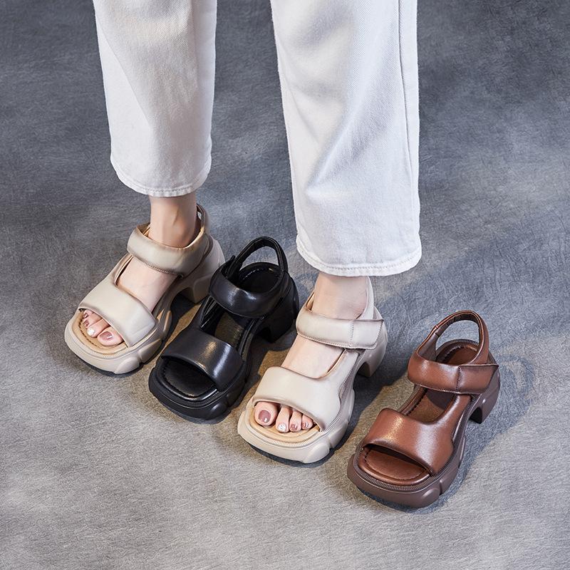 Fashion 6CM Top Layer Cowhide Square Head Open Toe Sandals Platform Elevator Shoes High Heel Sandals 2025 Summer Women Sandals Tide