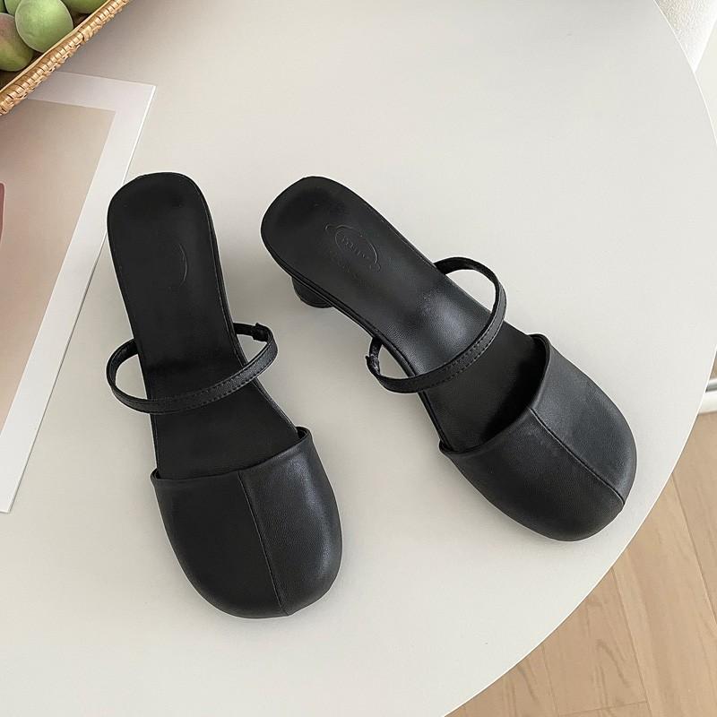 Fashion New Red Black Round Heel Minimalist Sandals Summer Women's Coarse Solid Color Fashionable French High-heel Slippers Size 39