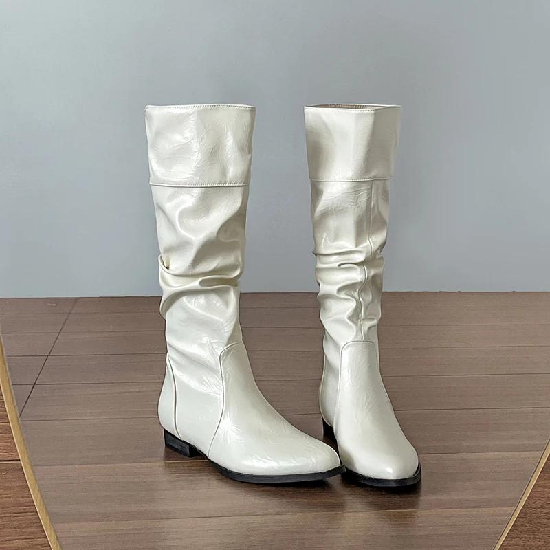 Fashion Vintage Slip On Pointed Toe Women Knee High Boots Cosy Soft Leather Long Booties Street Style Low Heel Shoes Zapatos De Mujer