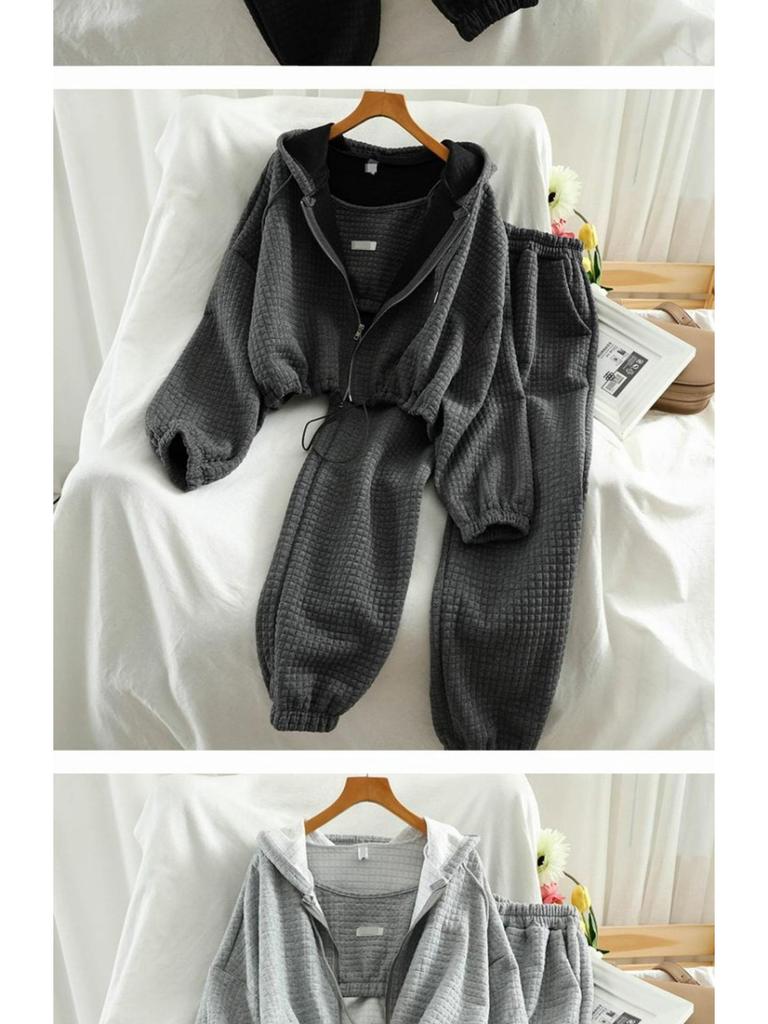 2025 Trendy Women's Plus Size Three-Piece Casual Set: Autumn/Winter Hooded Cardigan with Zipper