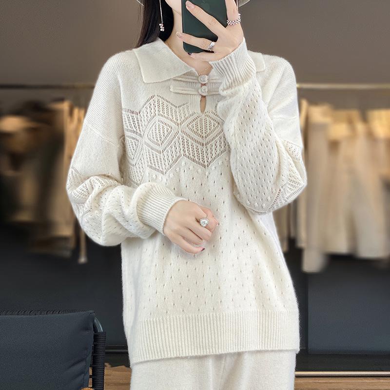 Women's Cashmere Lapel Sweater - Versatile Long Sleeve Knitwear for Autumn/Winter