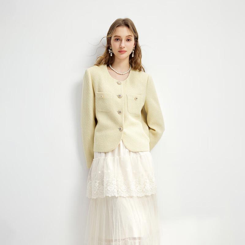 

Женский элегантный короткий жакет в стиле твида с круглым вырезом S