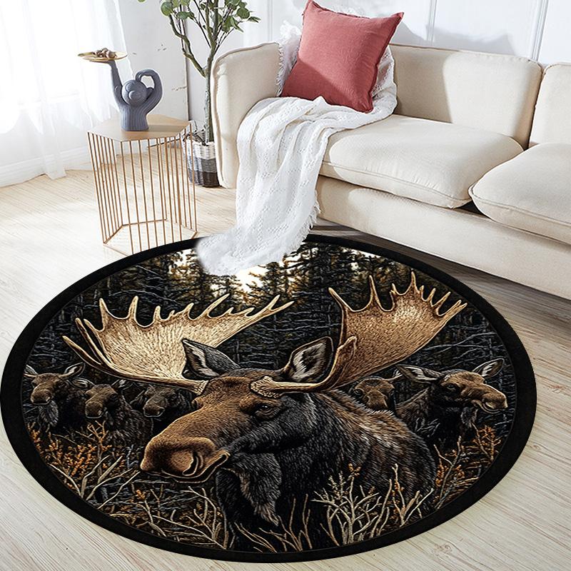 Moose Round Area Rug,Carpet Rug for Living Room Bedroom Sofa Playroom Decor,Non-slip Floor Mat