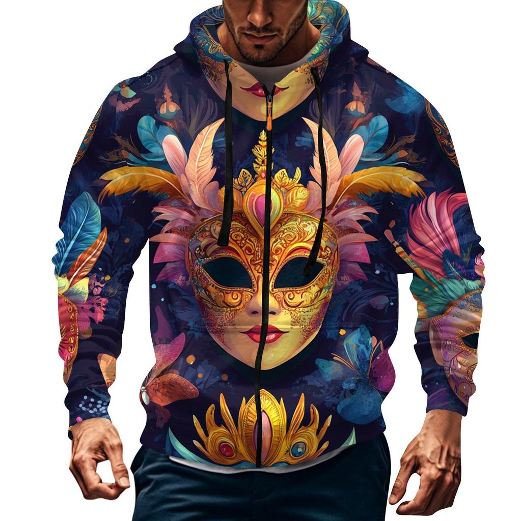 Men's Sports Casual Fleece Hoodie Carnival Print Hoodie Cardigan Zipper Multi-pocket Hoodie Coat