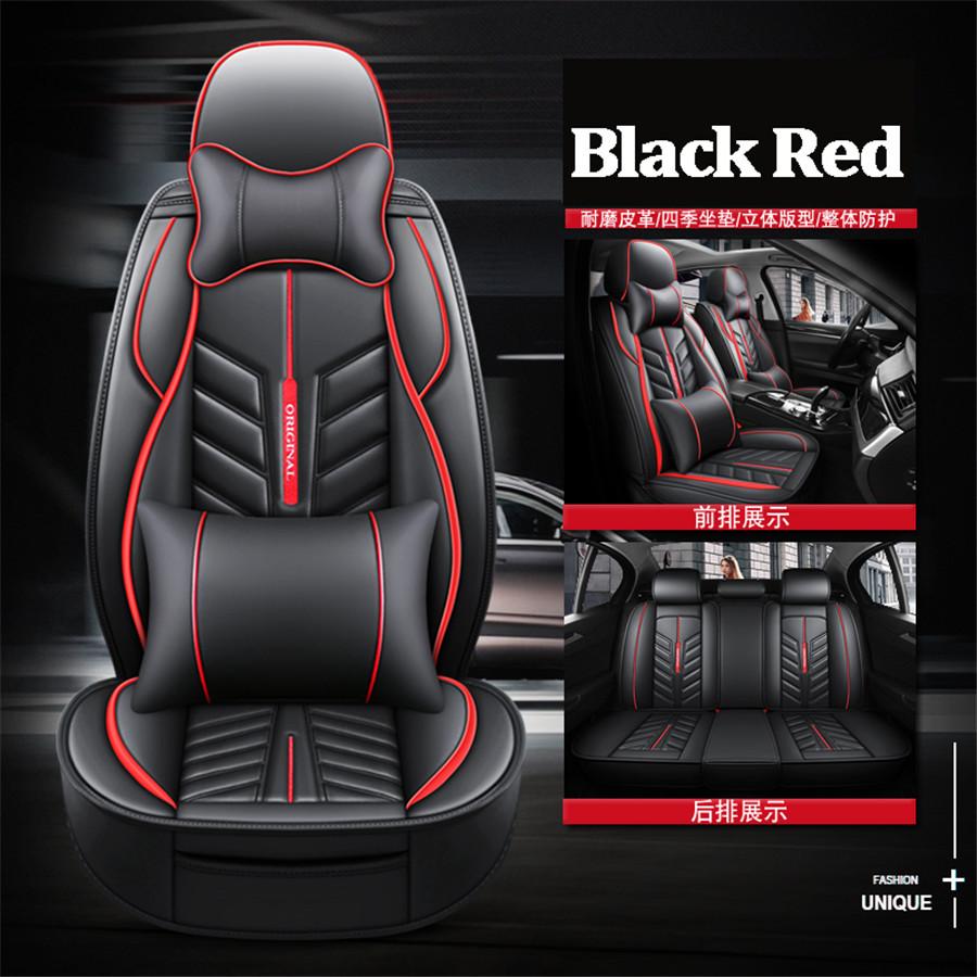 Universal Black Red Line Stripe Full Seat Wear-resistant PU Leather Sponge Fabric Car Seat Cover Cushion Breathable...