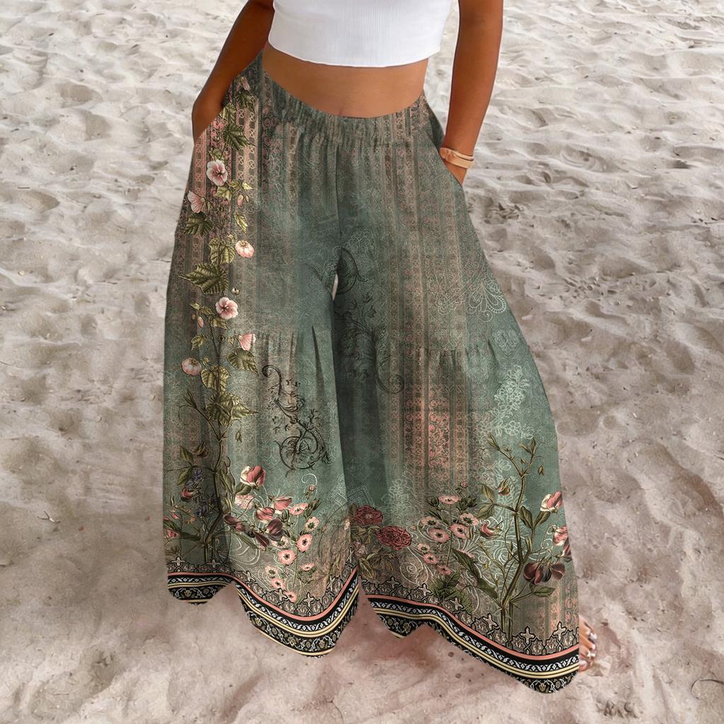 Pantalones de Cintura Alta Pierna Ancha para Mujer Corte Holgado Ligeros Estampado Floral Pantalones Palazzo Estilo Vintage Casual Largos para Verano