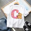 Cute Capibala Letter Printed Short Sleeved Pure Cotton Tshirt for Children Comfortable and Breathable Top Gift 2025