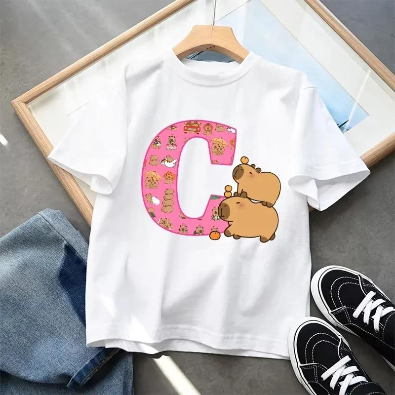 Cute Capibala Letter Printed Short Sleeved Pure Cotton Tshirt for Children Comfortable and Breathable Top Gift 2025